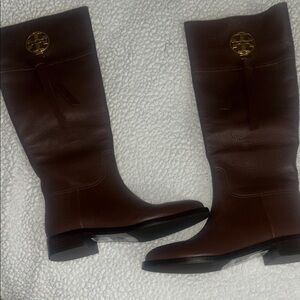 Tory Burch Brown Heeled Boots with Gold Accent